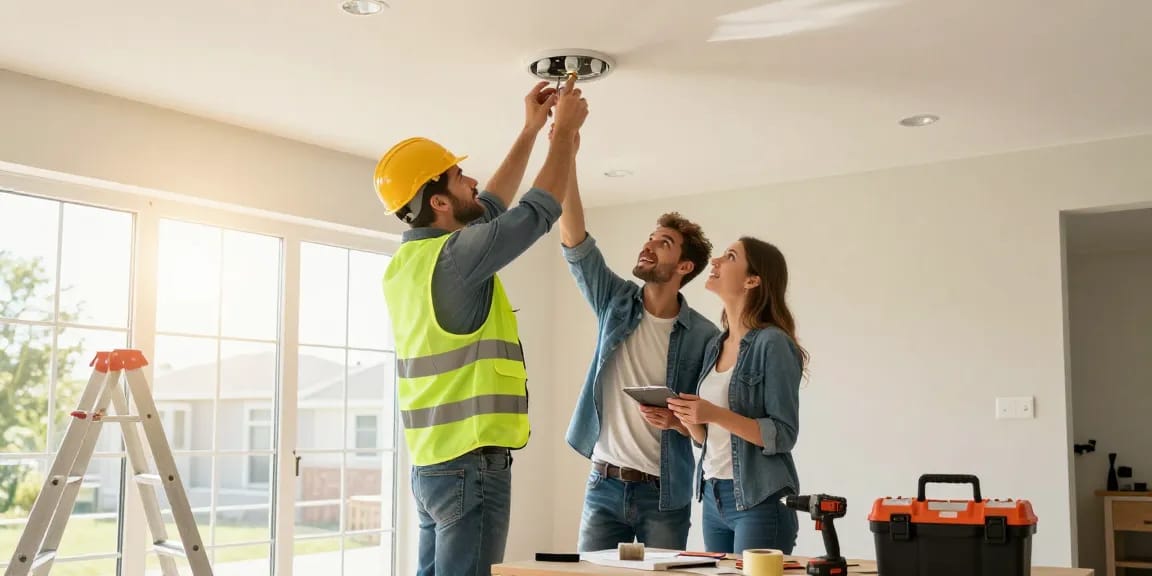 Electrical contractor toronto installing modern lighting fixtures in a bright home, showcasing expertise and collaboration.