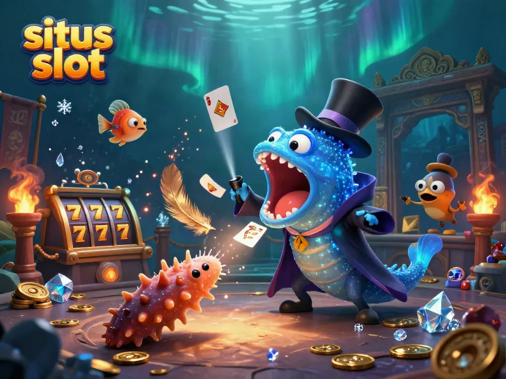 Experience excitement with the situs slot scene of a magician eel, anglerfish spotlight, and casino vibes.