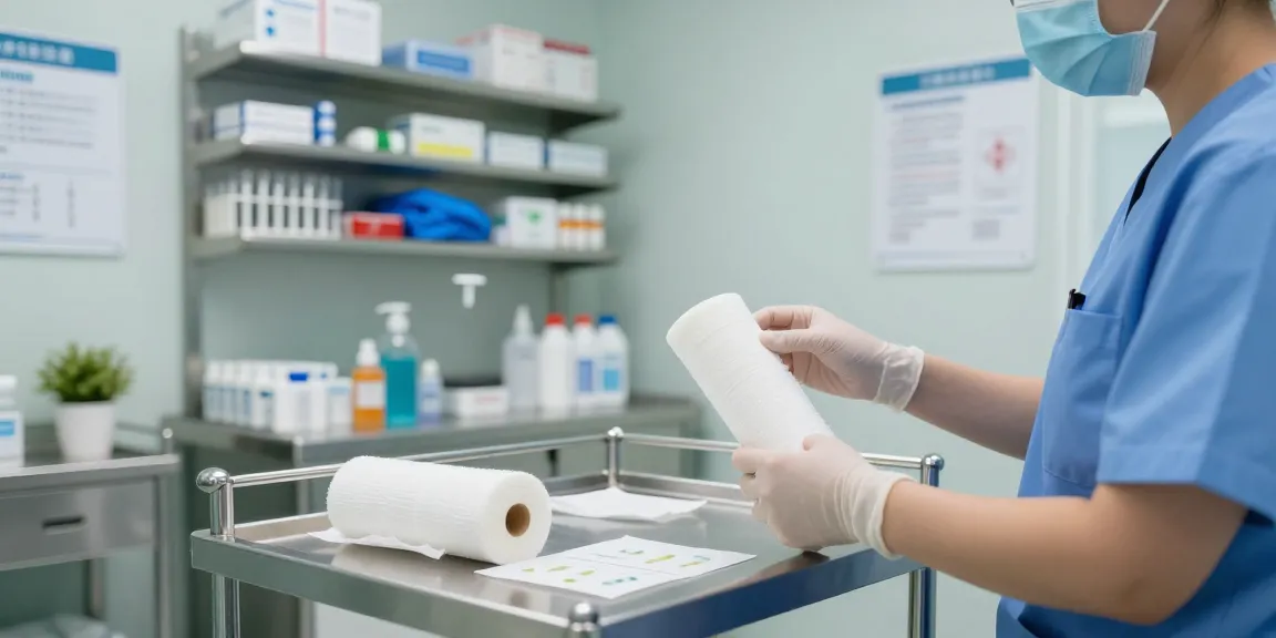 Healthcare professional inspecting medical gauze supplies in a clean clinical setting.