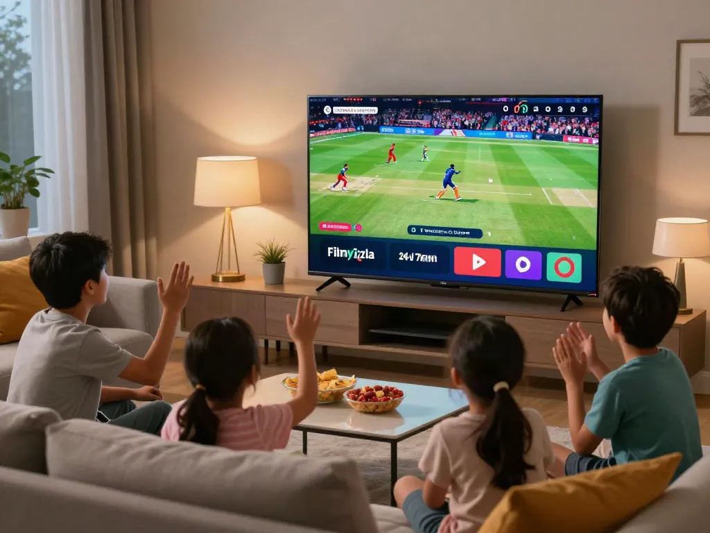 Family watching live sports on Filmyzilla media app in a cozy living room.