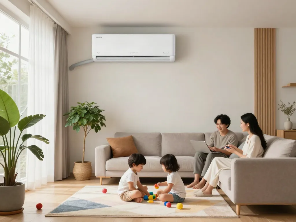 Stylish living room with a split ac unit, family relaxing, indoor plants, and natural light.
