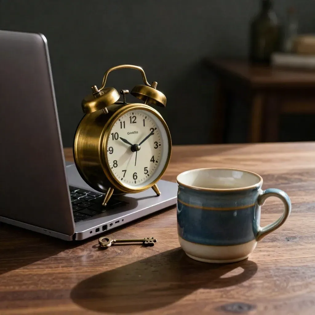 Brass clock, closed laptop, and blue-rimmed mug on walnut under dramatic studio light.