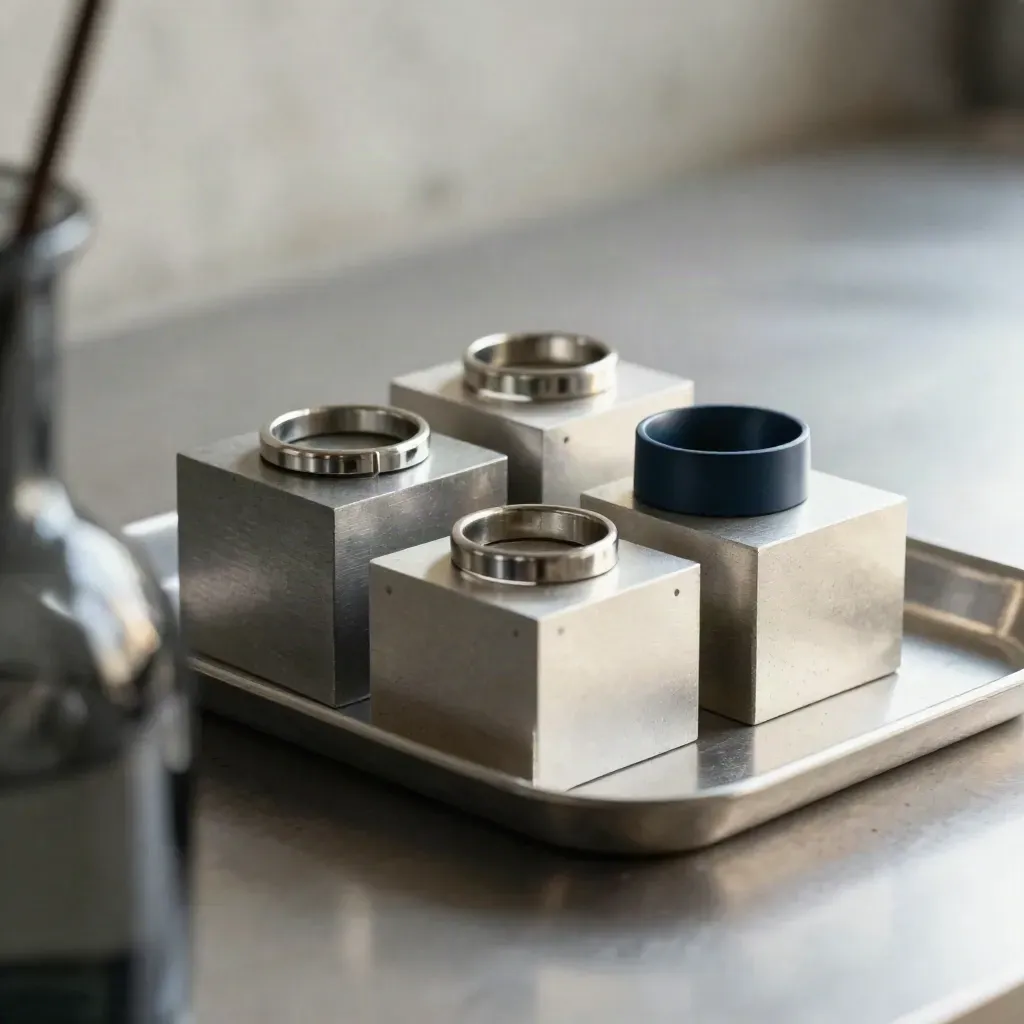 Modular metal blocks and linked rings on brushed steel with a blurred glass vase foreground