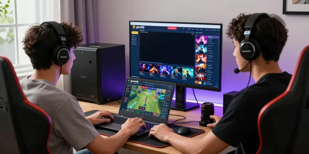 Exciting online gaming experience with gem88 on a laptop, vibrant atmosphere with peripherals.