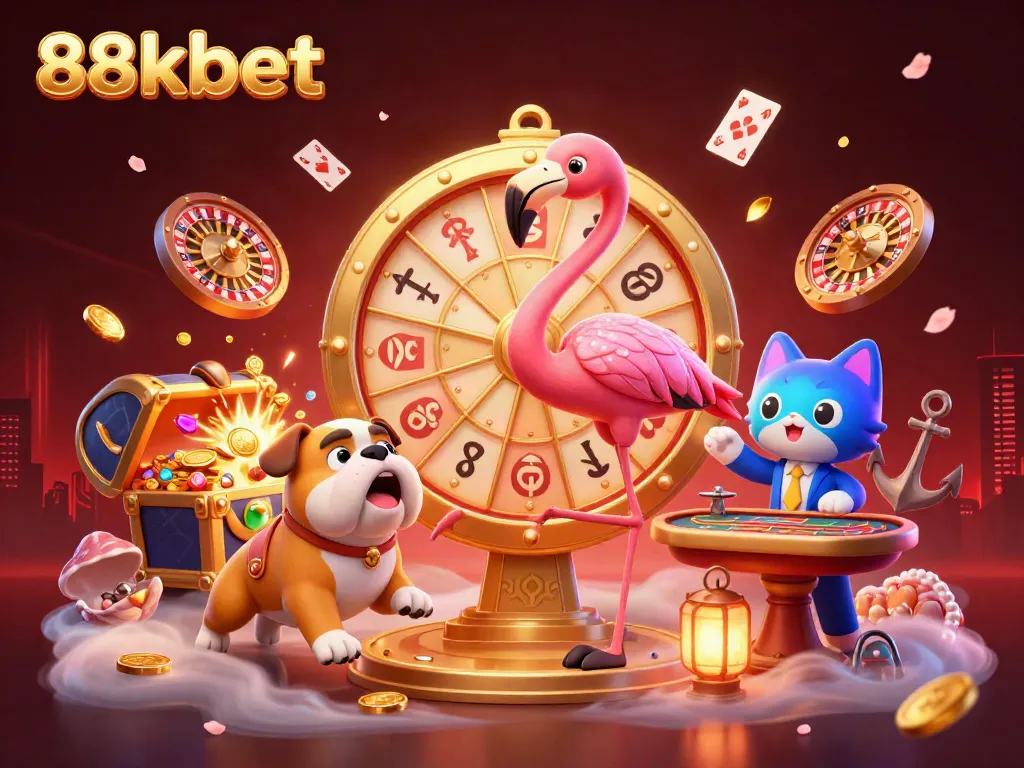 88kbet showcases a colorful casino-themed 3D scene with a flamingo game show host, bulldog contestant, and cat assistant.