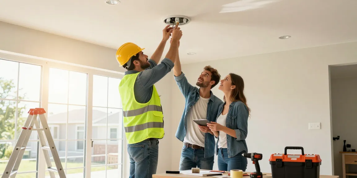 Electrical contractor toronto installing modern lighting fixtures in a bright home, showcasing expertise and collaboration.
