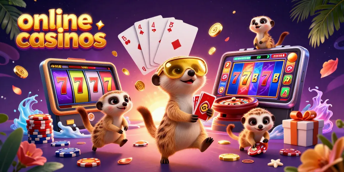Experience vibrant online casinos with meerkats managing games, slots, and chips in a thrilling illustration.