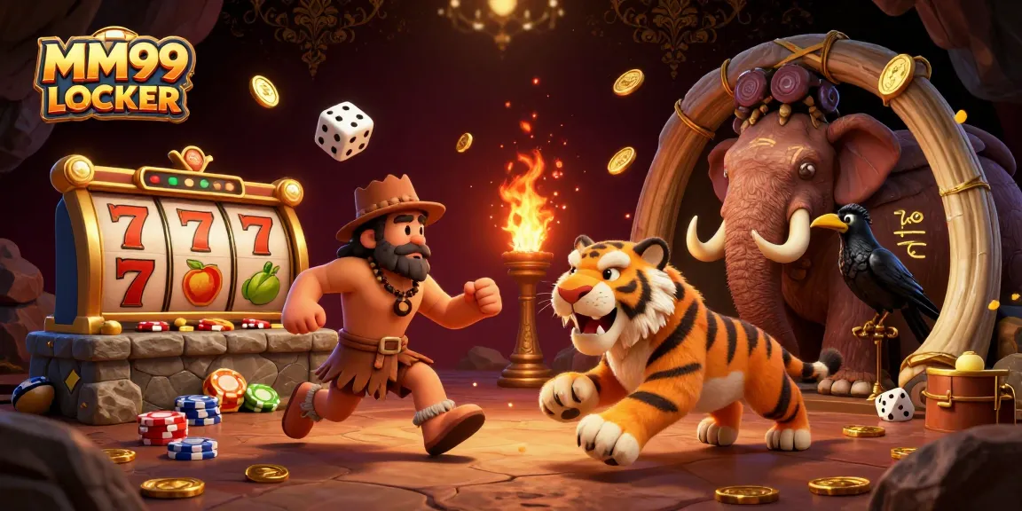 Experience the excitement of MM99 LOCKER with a vibrant prehistoric casino scene featuring engaging characters and dynamic gaming elements.